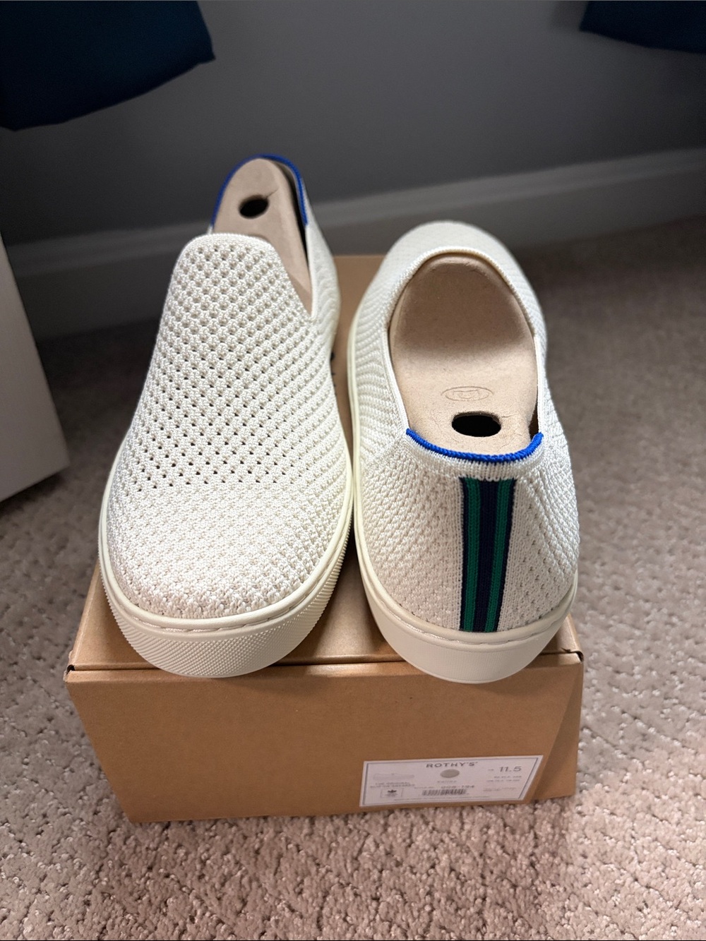 Rothy's Cream Knit Slip-On Sneakers with Blue and Green Heel Stripe